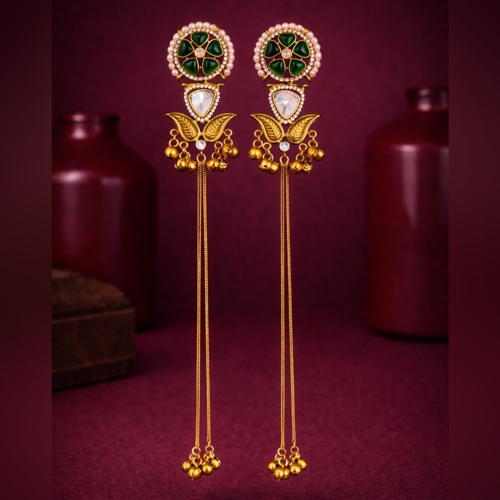 Elegant Gold and Green Kashmiri Earrings with Bells